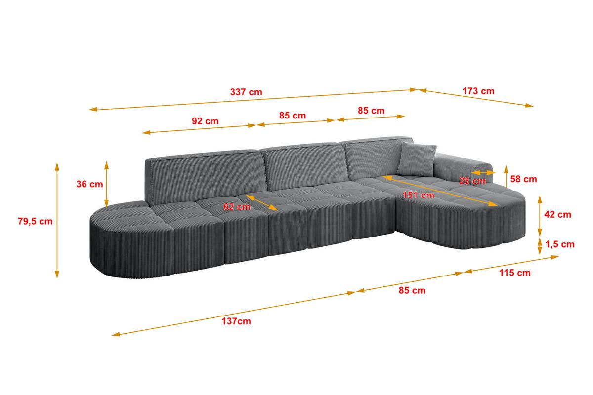 ECKSOFA Ottomane Rechts LIVO-L2 - 337x173x79,5 cm Grau - Grau, Holzwerkstoff/Textil (337/173cm) - ALTDECOR