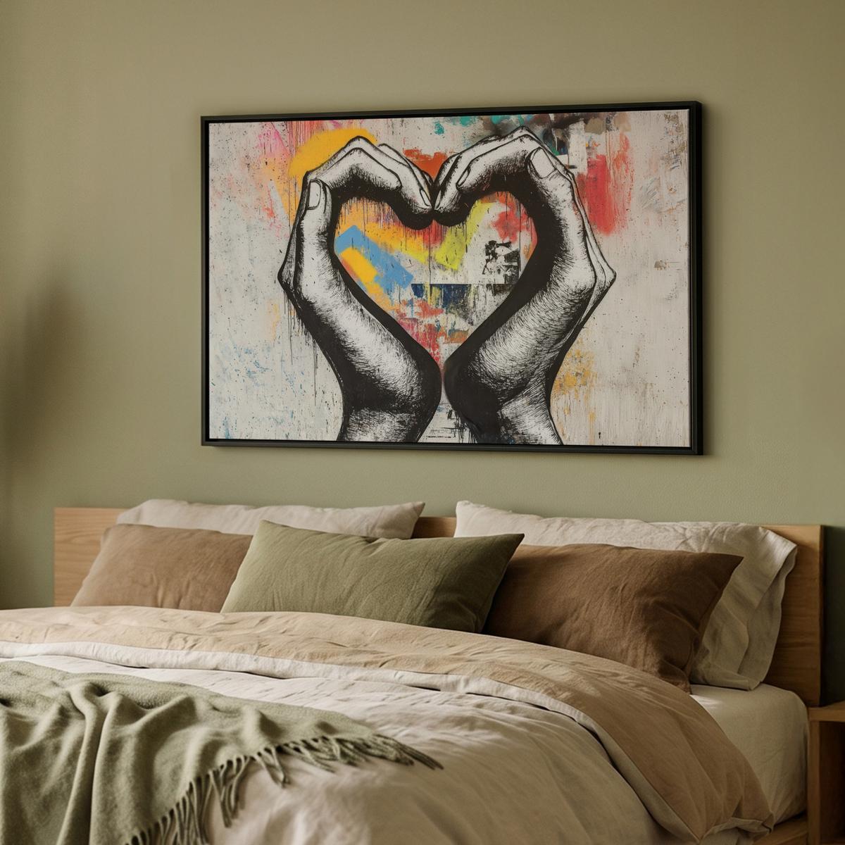 LEINWAND Bilder mit Rahmen - Hände - Herz - Straßenkunst - Graffiti - 90x60 - Multicolor, Textil (90/60cm) - MuchoWow