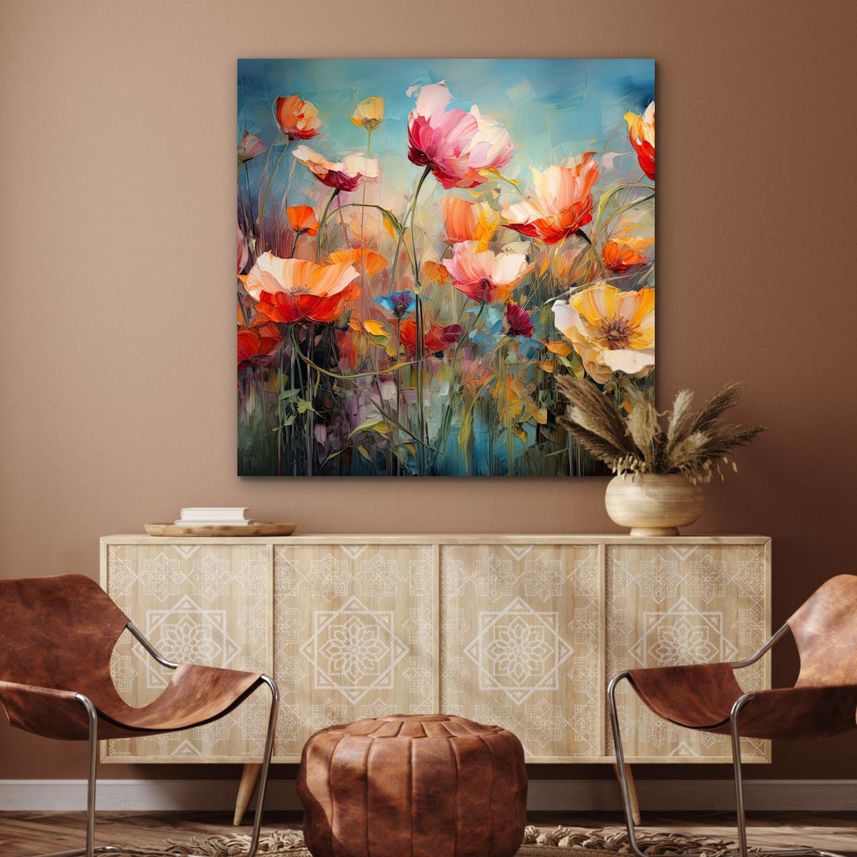 METALLBILD Blumen - Aquarell - Kunst - Botanisch - Natur 90x90 cm - Orange, Metall (90/90cm) - MuchoWow