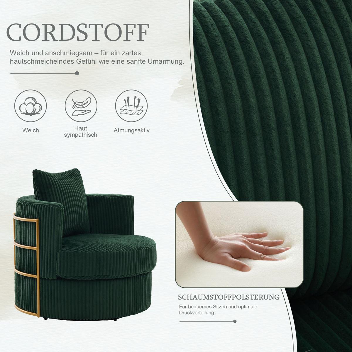 DREHSESSEL Dunkelgrün Cord mit Stauraum & 360° Drehfunktion - Smaragdgrün, Textil (76/65/79cm) - Urban Meuble