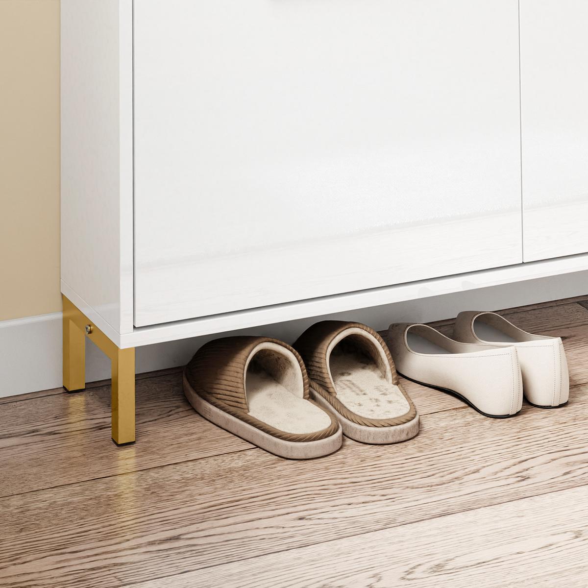 SCHUHSCHRANK mit 4 Klappen, Hochglanz Weiß 100x90x19cm - Weiß, Holzwerkstoff (100/90/19cm) - SoBuy
