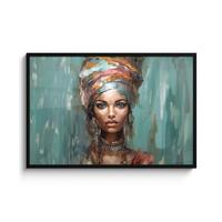 POSTER MIT RAHMENGERAHMTES BILD Frau - Kunst - Schmuck - Porträt 120x80 cm - Blaugrau, Papier (120/80cm) - MuchoWow