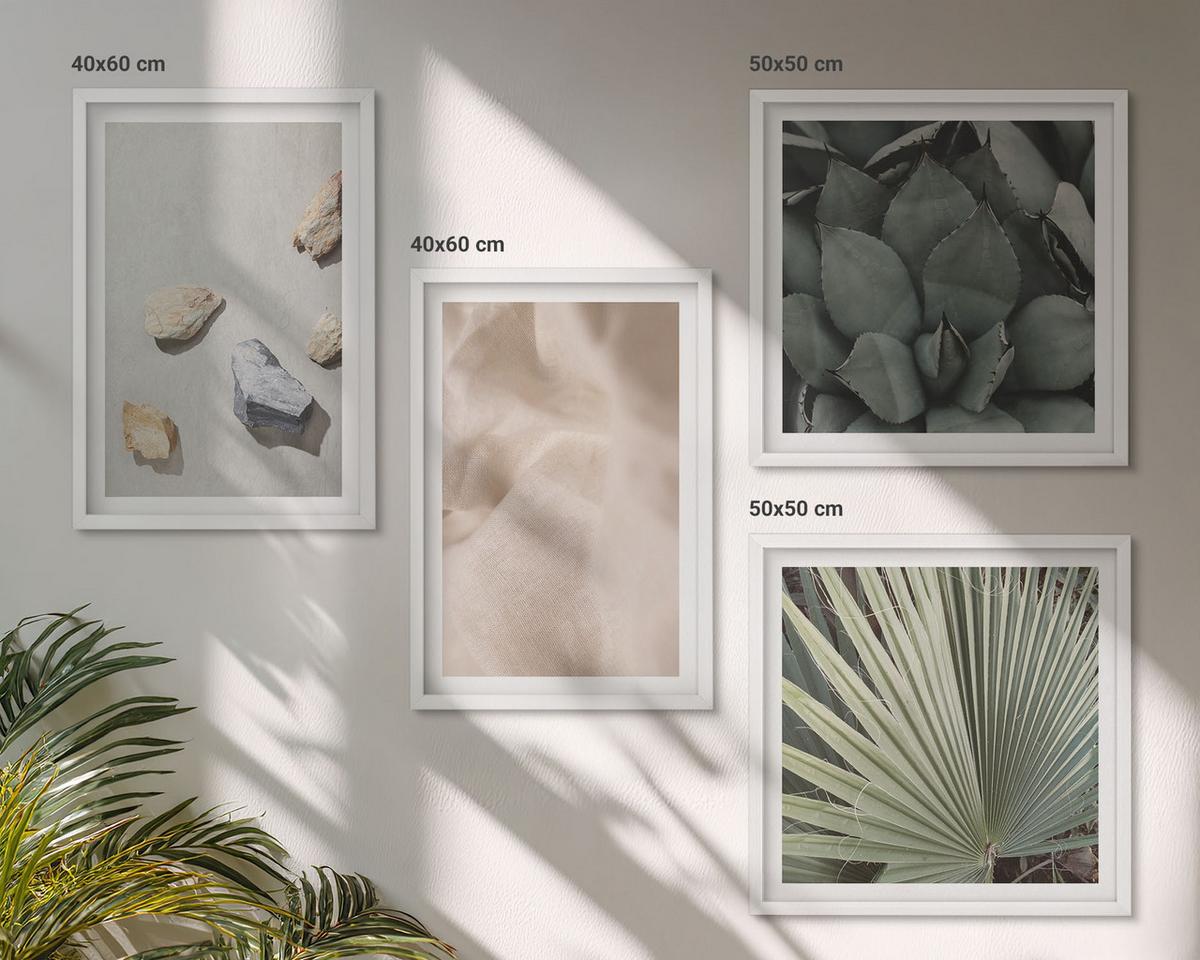 BILDER SET 4er Set - 50x50 cm & 40x60 cm Weißer Rahmen - Steine, Holz, Stofftexturen - Weiß, Kunststoff (50/50cm) - TULUP