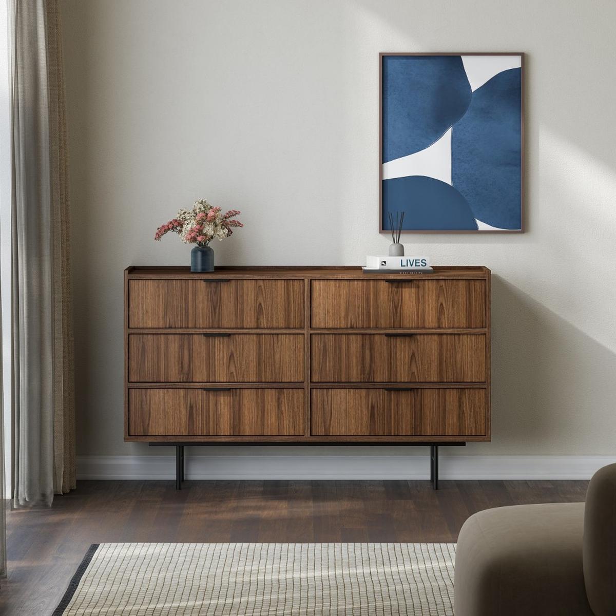 KOMMODE Evron mit 6 Schubladen, Walnuss - Dunkelbraun/Schwarz, Holzwerkstoff/Metall (150/90/40cm) - Beautysofa