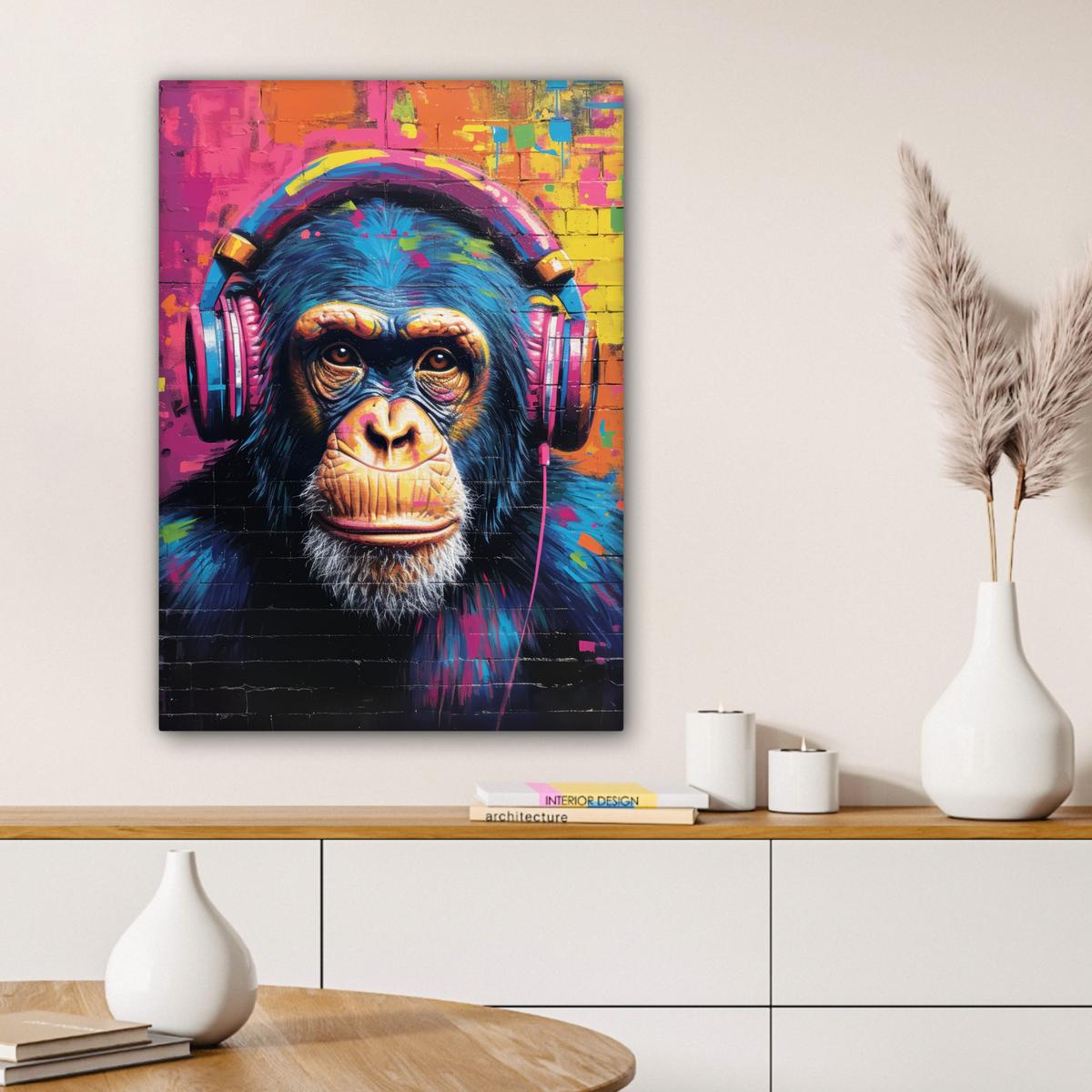 LEINWANDBILD Graffiti - Schimpanse - Straßenkunst - Kopfhörer - Affe Wandbild Wohnzimmer 60x80 cm - Blau, Textil (60/80cm) - MuchoWow