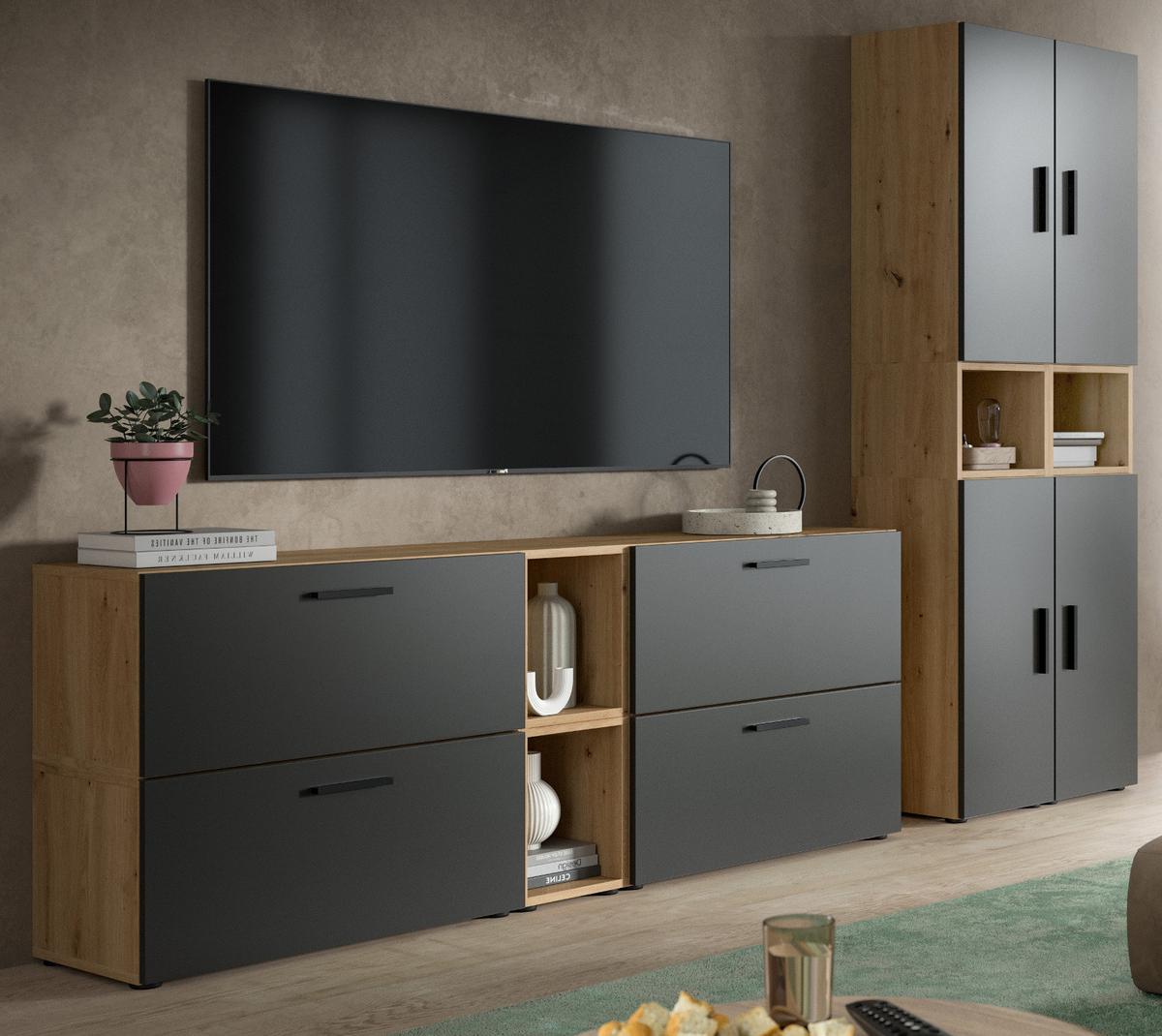 WOHNWAND grau, Eiche Artisan 256 x 178 cm, Schrankwand mit Soft-Close - Schwarz/Eiche Artisan, Holzwerkstoff/Kunststoff (256/151/34cm) - Inn.Furn