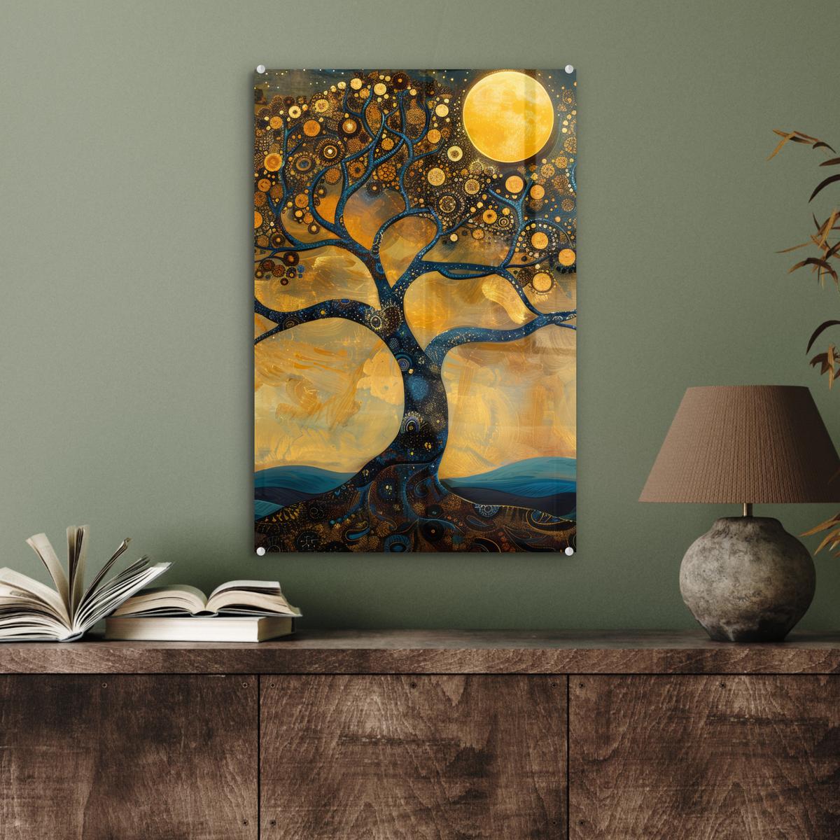 ACRYLGLASBILD Baum - Mond - Blumen - Gold - Kunst Wanddeko Wohnzimmer 40x60 cm - Orange, Glas (40/60cm) - MuchoWow