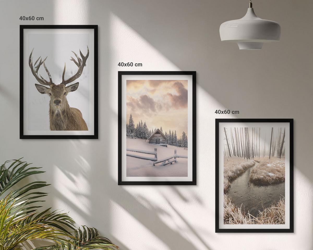 BILDER SET 3er Set - 40x60 cm Schwarzer Rahmen - Hirschhütte in Winterlandschaft - Schwarz, Kunststoff (40/60cm) - TULUP