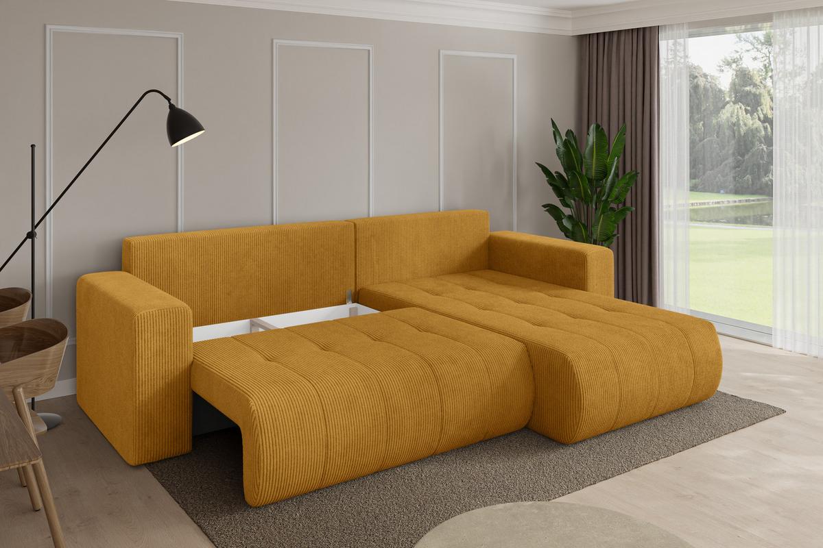 ECKSOFA mit Schlaffunktion Ottomane Rechts MILA-L 277x194x86 Senfgelb Cord - Dunkelgelb/Schwarz, Holzwerkstoff/Kunststoff (277/194cm) - ALTDECOR