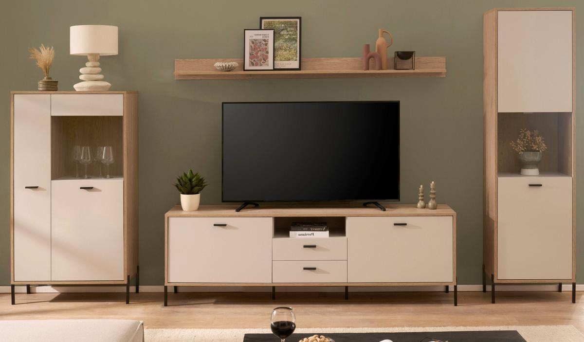 WOHNWAND Kaschmir, Eiche 349 cm, Schrankwand mit Soft-Close - Kaschmir/Eichefarben, Glas/Holzwerkstoff (349/150/35cm) - Furn.Design