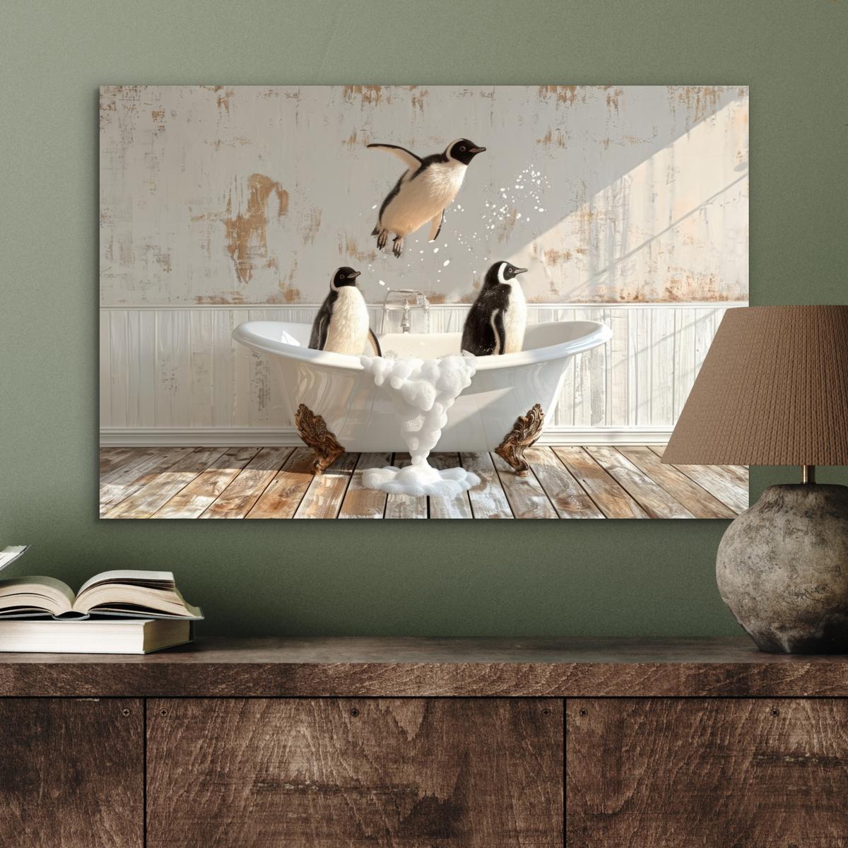 METALLBILD Vintage - Pinguin - Badewanne - Schaumstoff Wandbild 60x40 cm - Schwarz, Metall (60/40cm) - MuchoWow