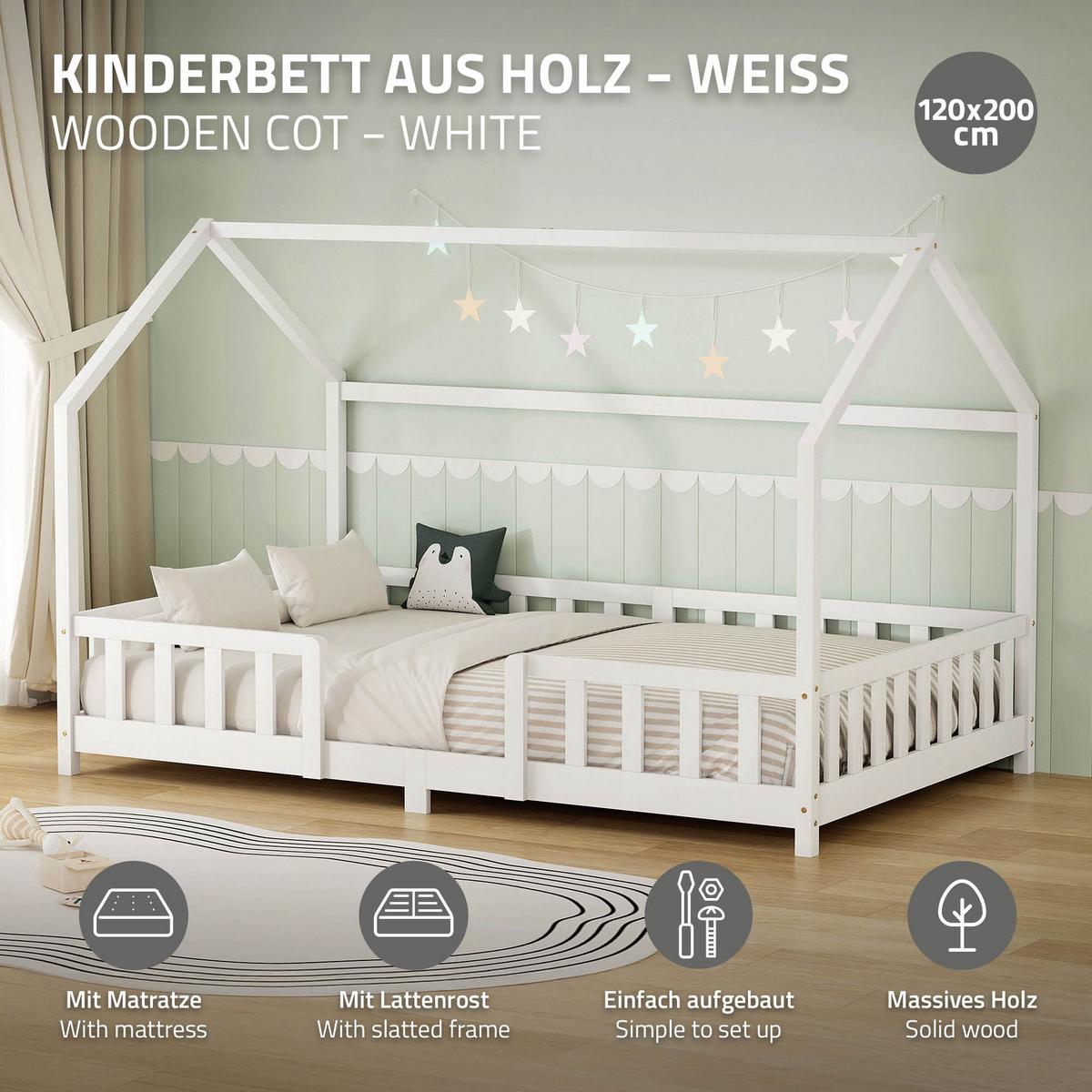 KINDERBETT 120x200 cm mit Matratze & Rausfallschutz Weiß aus Kiefernholz - Weiß, Holz (120/200cm) - ML-DESIGN