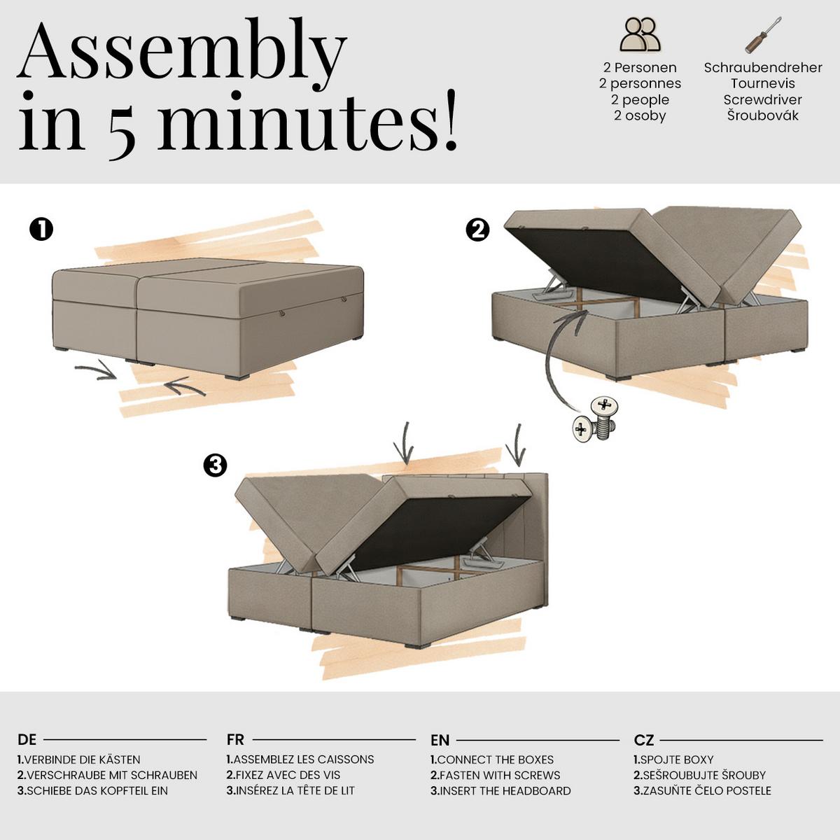 BOXBETT NIRA 180/200 - Hellgrau Plüsch - H3 - Hellgrau, Holz/Textil (180/200cm) - MKS