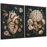 POSTER Set aus 2 Anatomie Mensch Drucke und Wandbilder mit Herz und Gehirn Elegante Florale Illustration Grüner Hintergrund Größe Schwarzer Rahmen A3 - Schwarz, Papier (29.7/42/3cm) - Nacnic