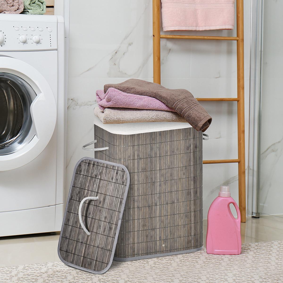WÄSCHEKORB schmal mit Deckel 83L, Bambus, Grau - Grau, Naturmaterialien (32/61/43cm) - HOMCOM