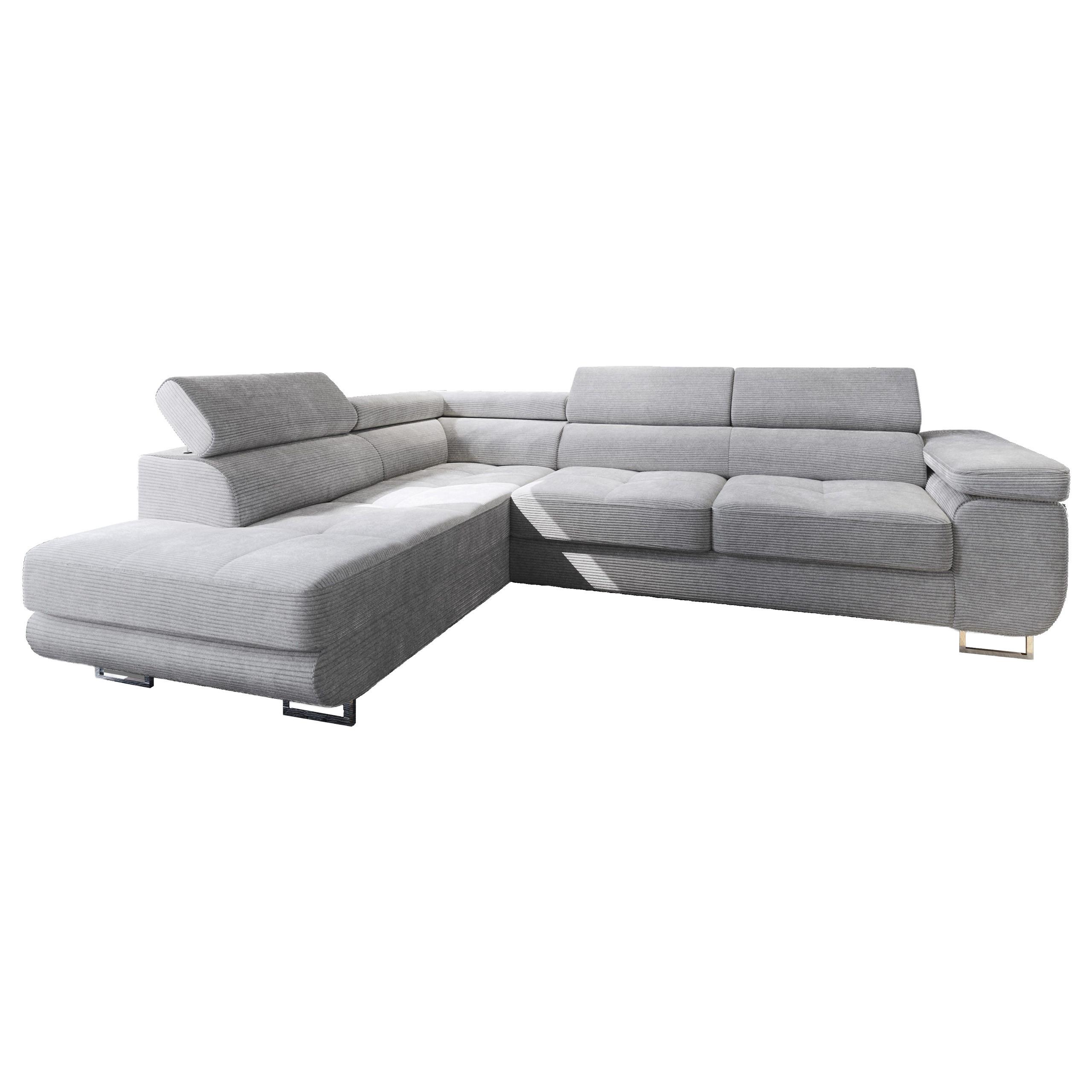 ECKSOFA APIRO L-S Hellgrau Kordstoff mit Schlaffunktion - Silberfarben/Hellgrau, Holz/Textil (276/202cm) - MASSENO