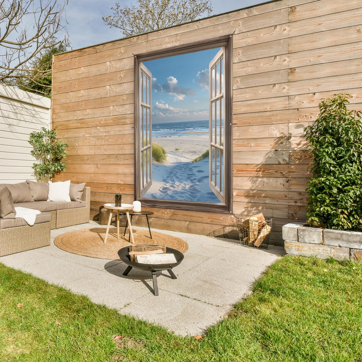 GARTENPOSTER Aussicht - Strand - Fenster - Dünen - Meer Bild 120x180 cm - Hellblau, Kunststoff (120/180/0.2cm) - OnlyWow