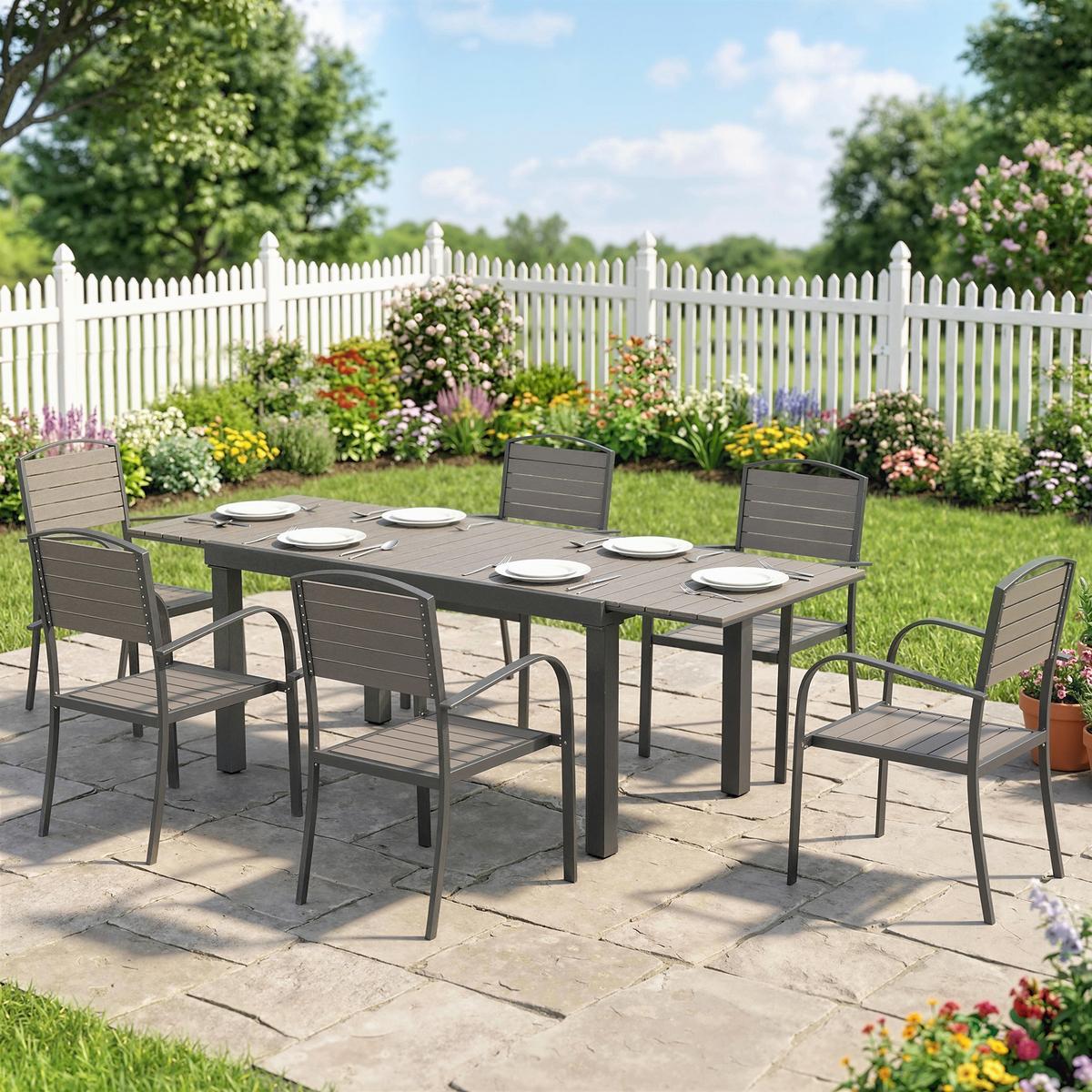 OUTDOOR-ESSGRUPPE 7er Set Aluminium WPC Grau - Grau, Kunststoff/Metall - Outsunny