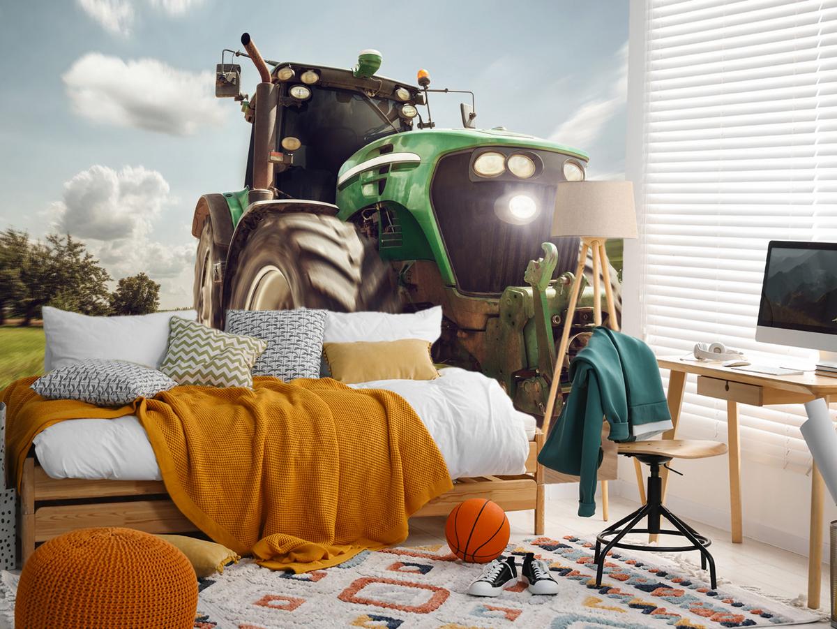 FOTOTAPETE Fahrender Traktor Bäume Vegetation Landwirtschaft 400x280 - Schwarz/Weiß, Papier (400/280cm) - Muralo
