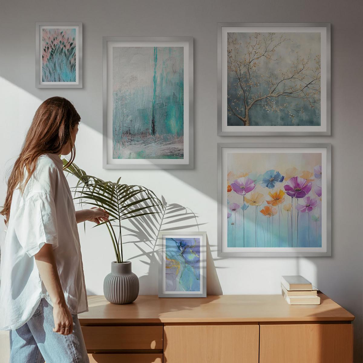 BILDER SET 5er Set - 50x50 cm & 20x30 cm & 40x60 cm Silberner Rahmen - Leuchtturm, Landschaft, Mädchen, Pferd - Silberfarben, Kunststoff (40/60cm) - TULUP