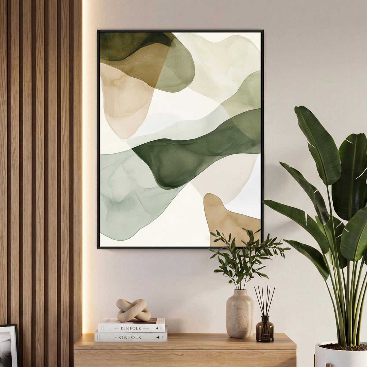 LEINWAND Bilder mit Rahmen - Japandi - Abstrakt - Grün - 70x100 - Salbeigrün, Textil (70/100cm) - MuchoWow