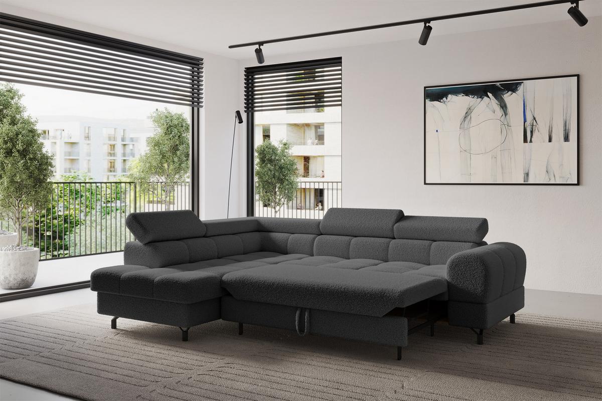ECKSOFA mit Schlaffunktion Ottomane Links LUMA-L 272x203x70 Grau Bouclé - Chromfarben/Schwarz, Holzwerkstoff/Kunststoff (272/203cm) - ALTDECOR