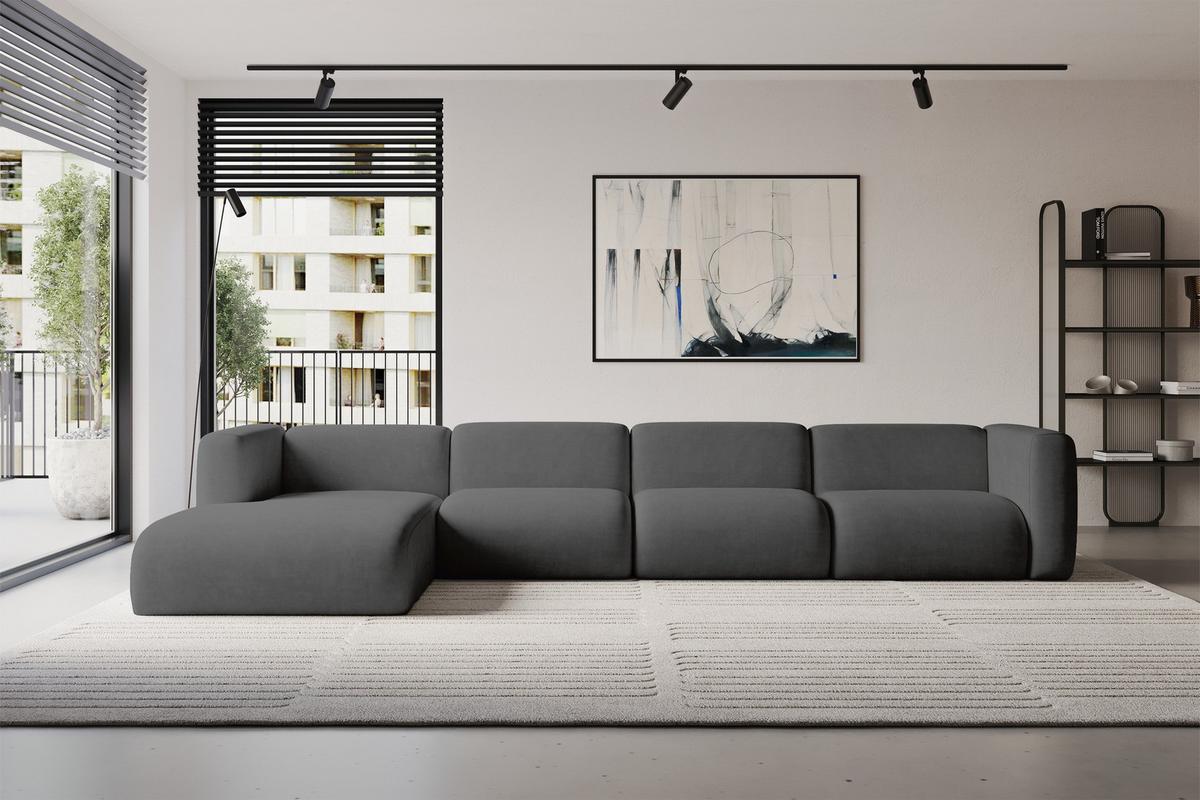 ECKSOFA Ottomane Links MIRA-L3 409x179x70 Dunkelgrau Velours - Dunkelgrau/Schwarz, Holzwerkstoff/Kunststoff (409/179cm) - ALTDECOR