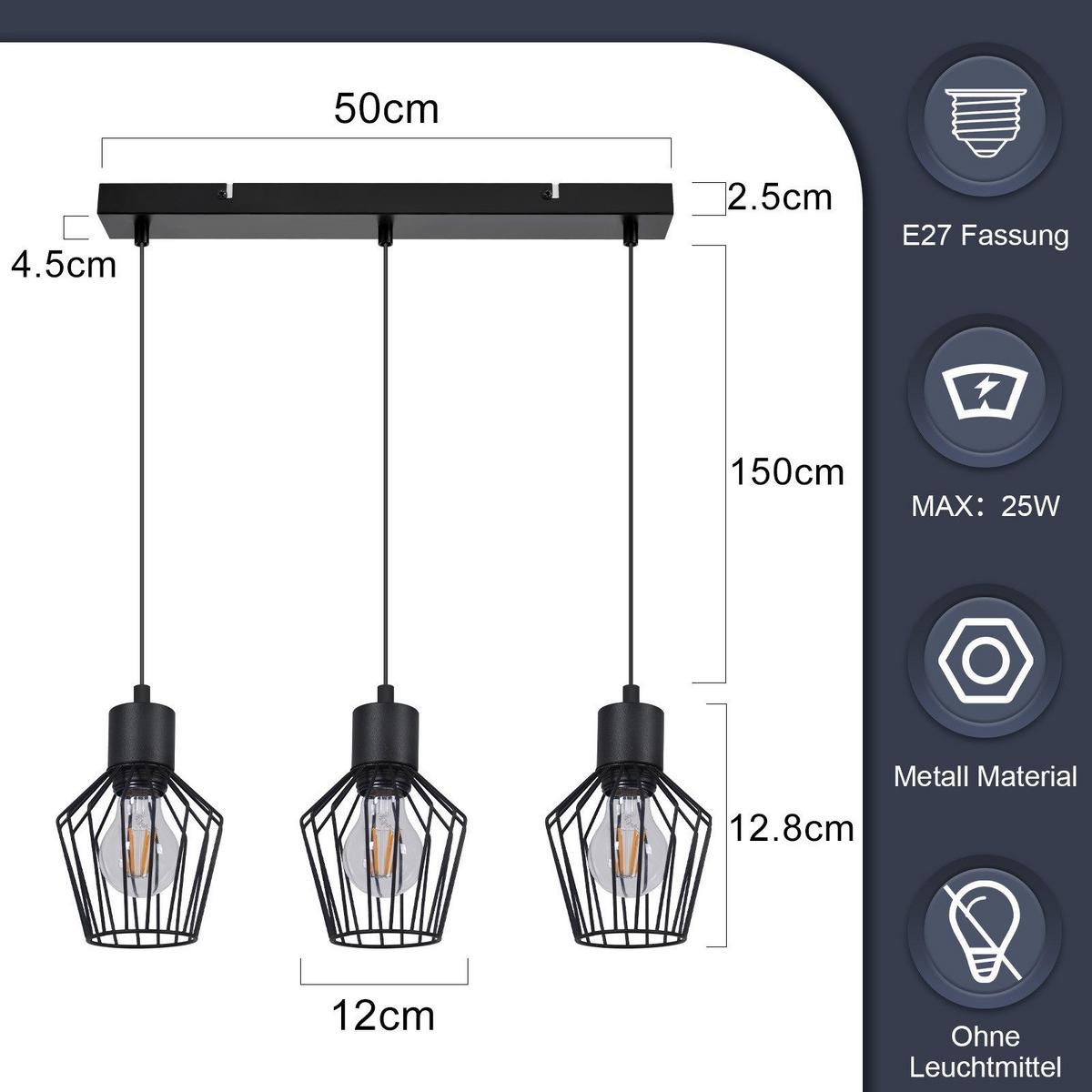 PENDELLEUCHTE Ziel 3-flammig 50/12/150 cm - Schwarz, Metall (50/12/150cm) - Nettlife