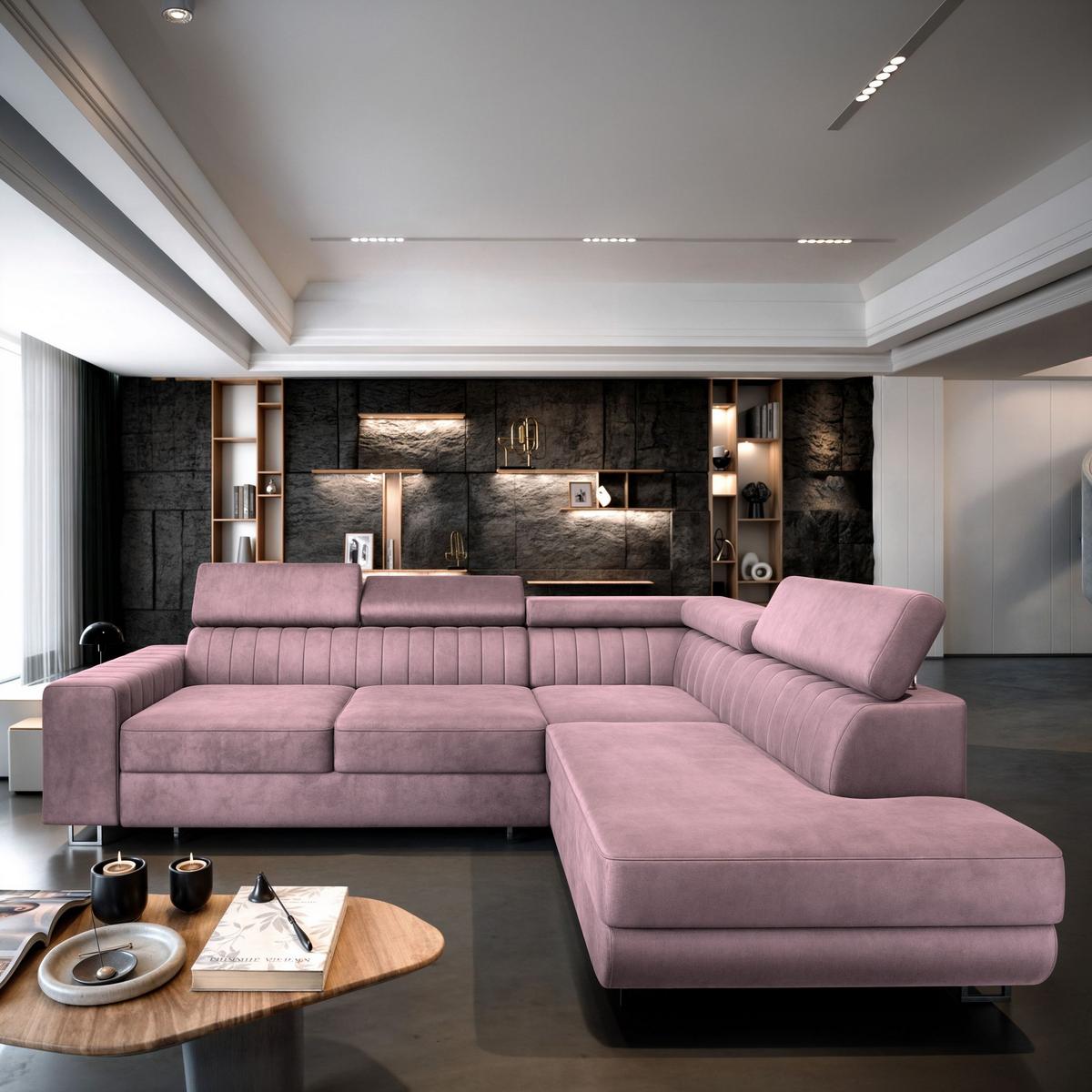ECKSOFA NOLA R-S Lila Velours-Stoff mit Schlaffunktion - Lila/Silberfarben, Holz/Textil (253/190cm) - MASSENO