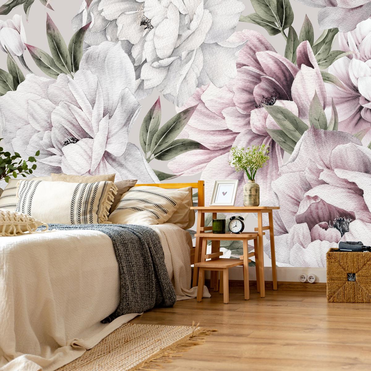 FOTOTAPETE für Schlafzimmer Pastell Pfingstrosen Boho Pflanzen 450x315 - Violett/Rosa, Papier (450/315cm) - Muralo