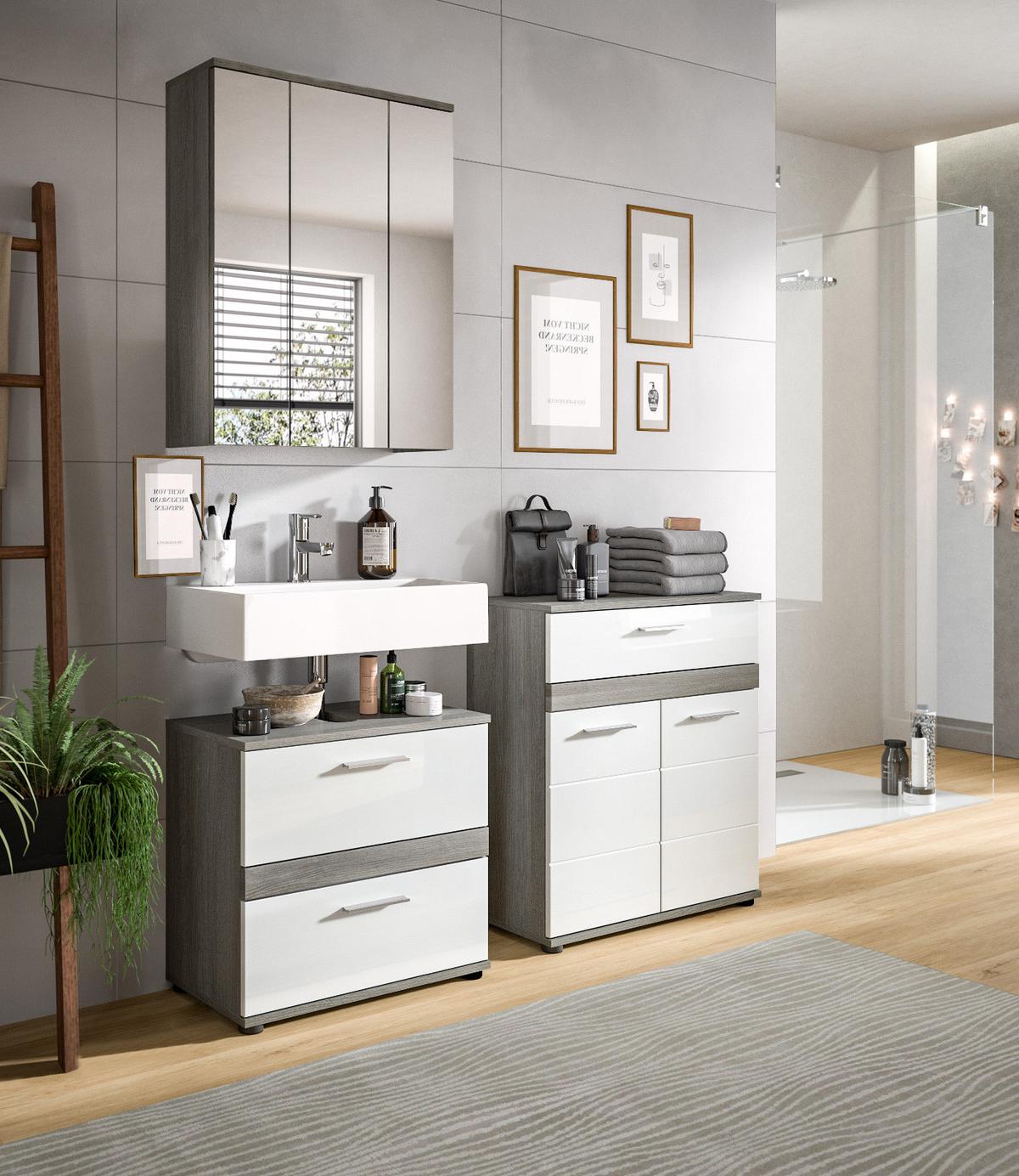 BADKOMMODE weiß Hochglanz, grau 71 cm, Badschrank mit Rillenoptik - Chromfarben/Weiß Hochglanz, Holzwerkstoff/Kunststoff (71/79/31cm) - Inn.Furn