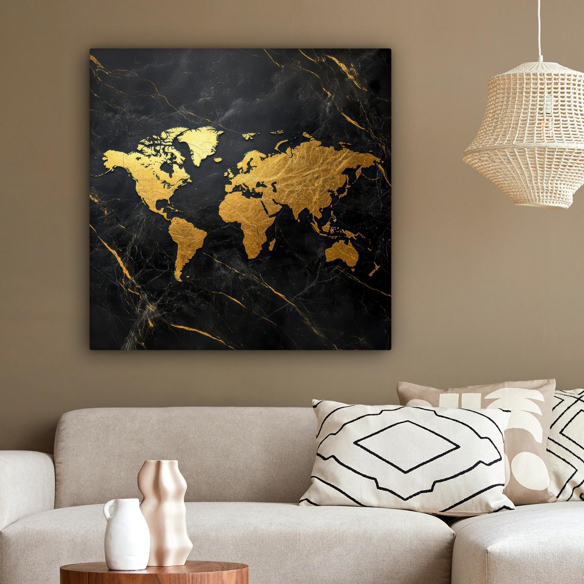 LEINWANDBILD Weltkarte - Gold - Marmor Deko Groß 90x90 cm - Goldfarben, Textil (90/90cm) - MuchoWow
