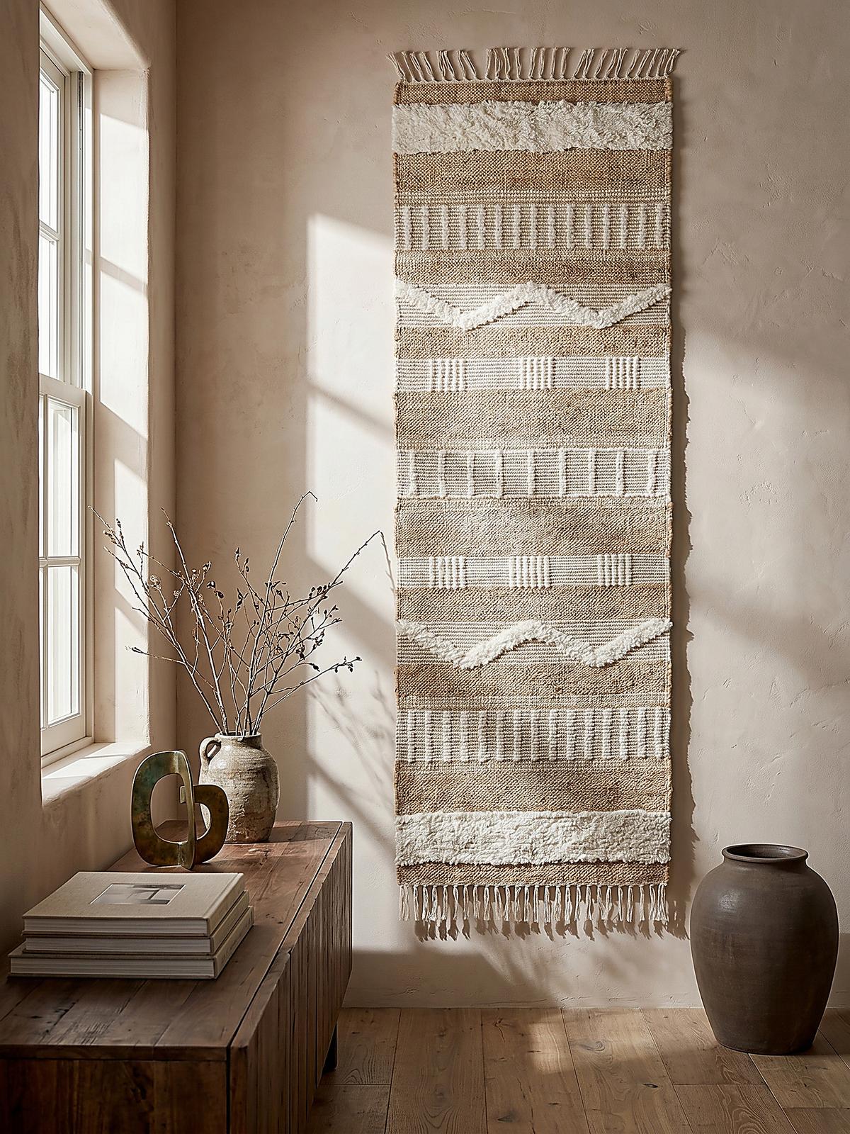 JUTETEPPICH handgewebt mit Fransen WHARFE, im Ethno-Stil, Natur-Weiß, 60 x 230 cm - Weiß, Textil (230/60cm) - KADIMA DESIGN