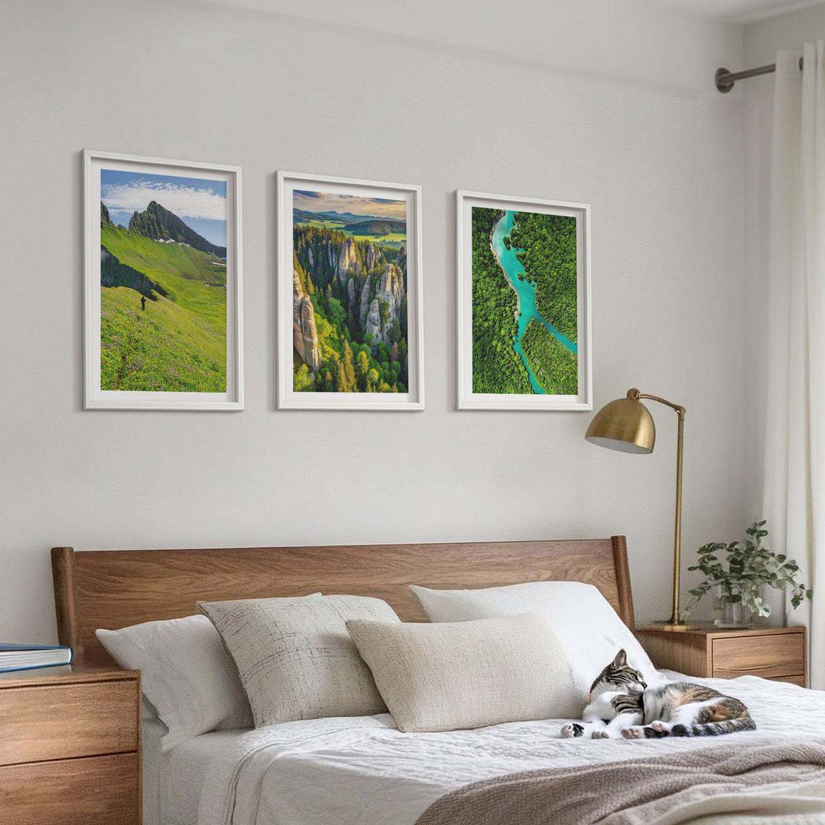 BILDER SET 3er Set - 40x60 cm Weißer Rahmen - Grüne Berge, Flussfelsen - Weiß, Kunststoff (40/60cm) - TULUP