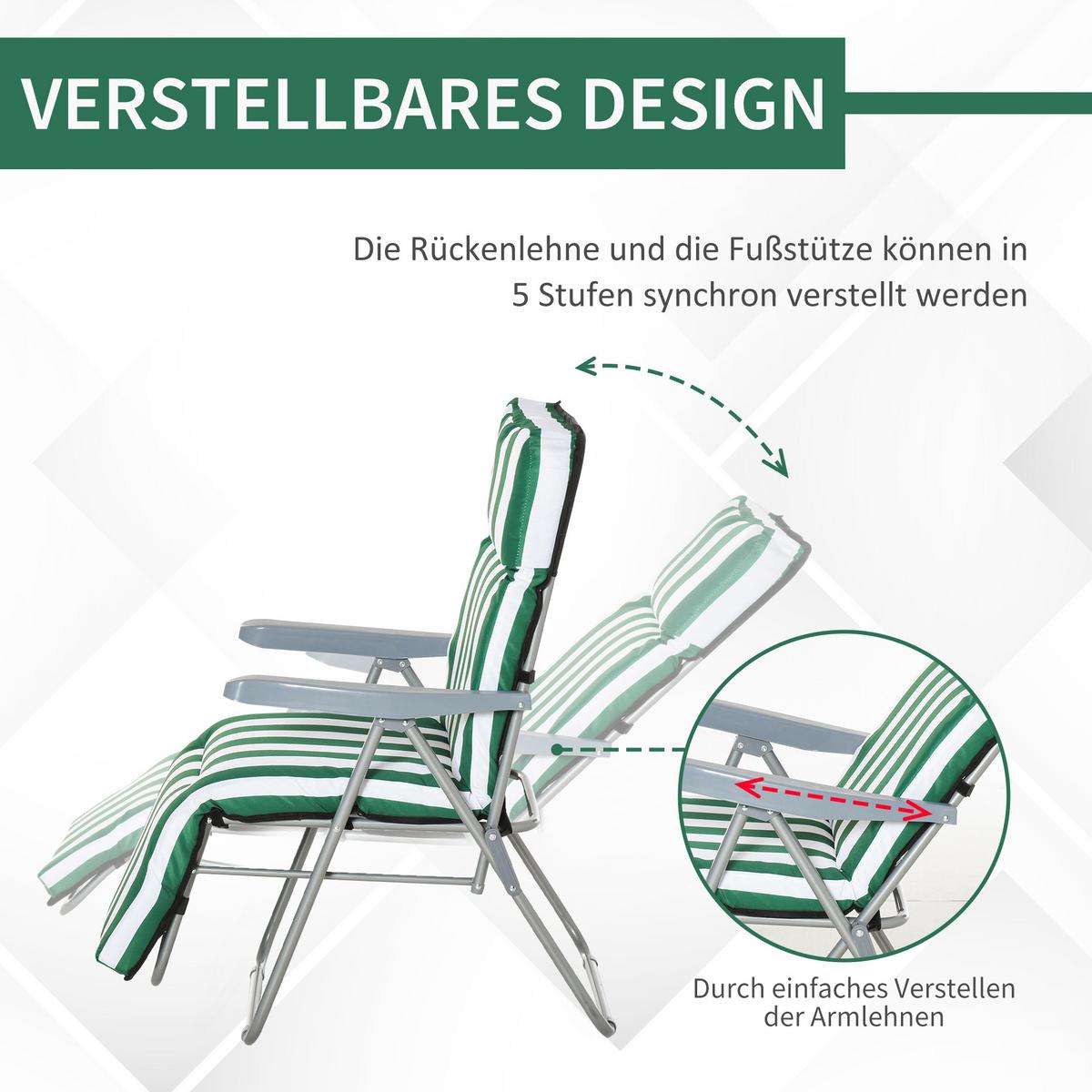 SONNENLIEGE, 5 Positionen Auflage, Stahl, Polyester, Schaumstoff, Grün - Grün, Kunststoff (75/102/60cm) - Outsunny