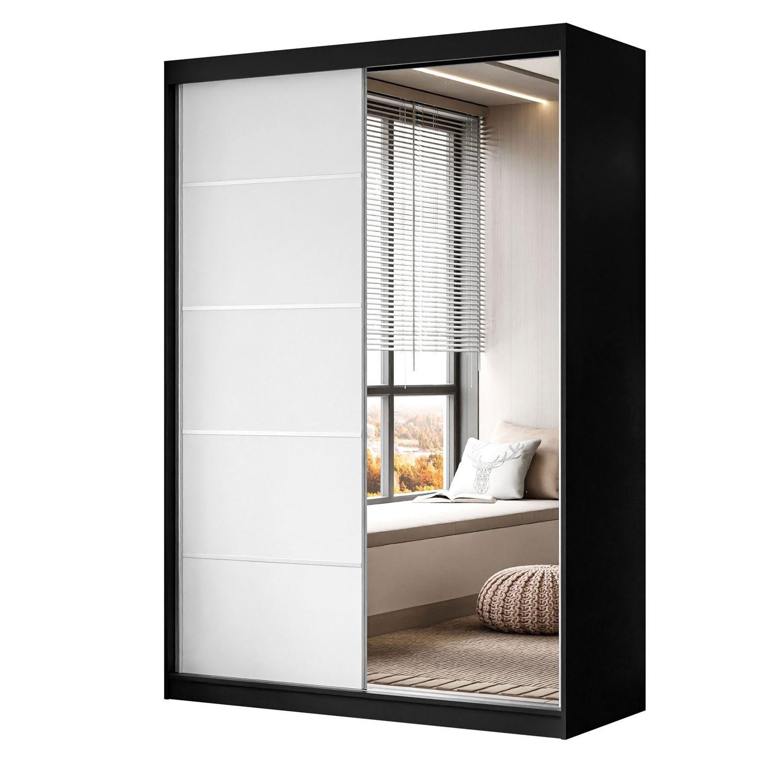KLEIDERSCHRANK CAMARO II PLUS 150 cm mit Spiegel Schiebetürenschrank Schwarz / Weiß - Schwarz/Weiß, Holzwerkstoff (150/215/59cm) - Lookway