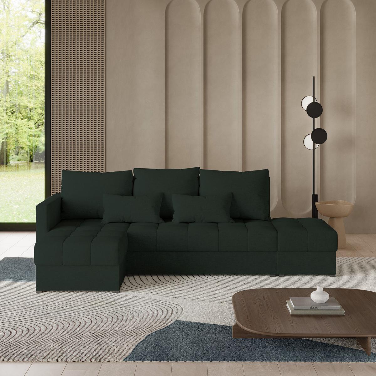 ECKSOFA LUMARI L-S Grün Plüsch-Stoff mit Schlaffunktion - Grün, Holz (262/143cm) - MASSENO