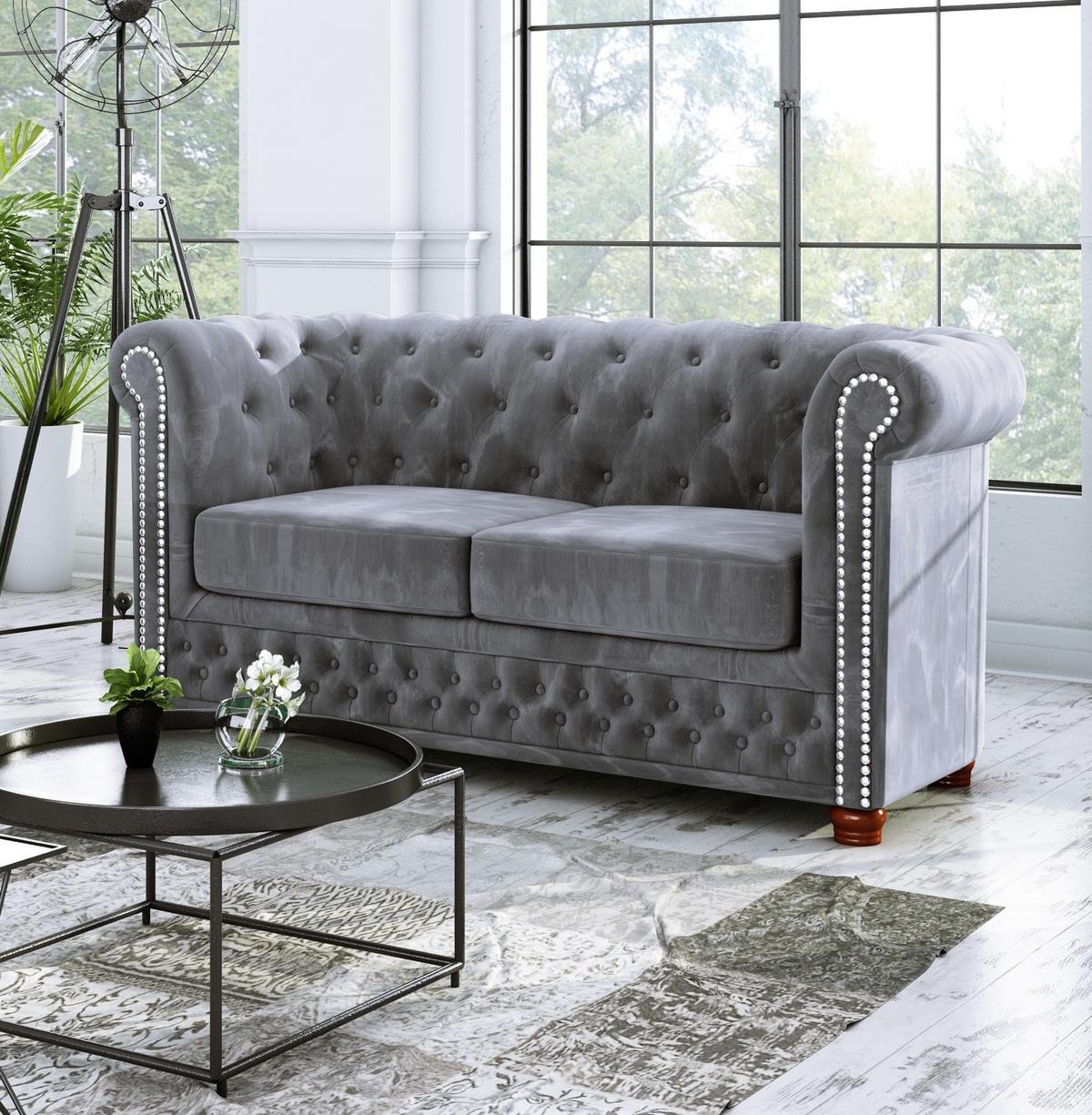 CHESTERFIELD-SOFA 2-sitzer Lauren Grau Samt - Braun/Grau, Holz/Textil (148/72/86cm) - S-Style Möbel