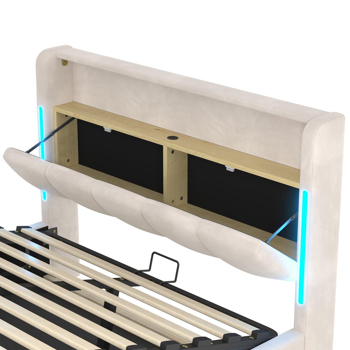 POLSTERBETT samt beige 140x200cm mit stauraum led usb - Beige, Textil (140/200cm) - Urban Meuble