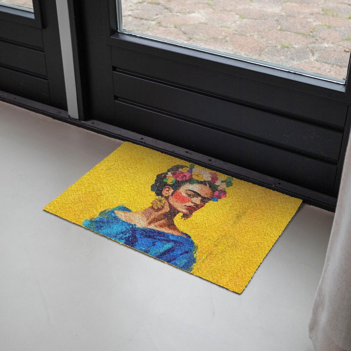 FUSSMATTE Frida Kahlo - Frau - Gelb - Blau - Blumen Schmutzfangmatte 60x40 cm - Gelb, Kunststoff (60/0.4cm) - MuchoWow