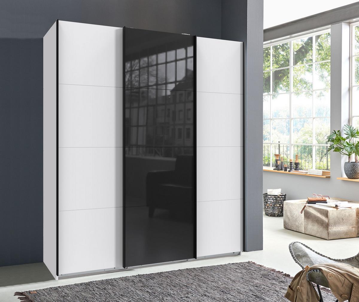 SCHWEBETÜRENSCHRANK 3-türig B180/H208/T64 cm in Weiß, Kleiderschrank mit einer Glasfront-Tür in Schwarz / 22515 - Schwarz Hochglanz/Schwarz, Holzwerkstoff/Metall (180/208/64cm) - luma-home