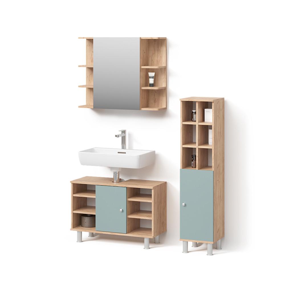 BADMÖBEL-SET Fucino Grün 3 Teile, mit Midischrank Tür groß - Grün, Holzwerkstoff (80/54/32cm) - Livinity®