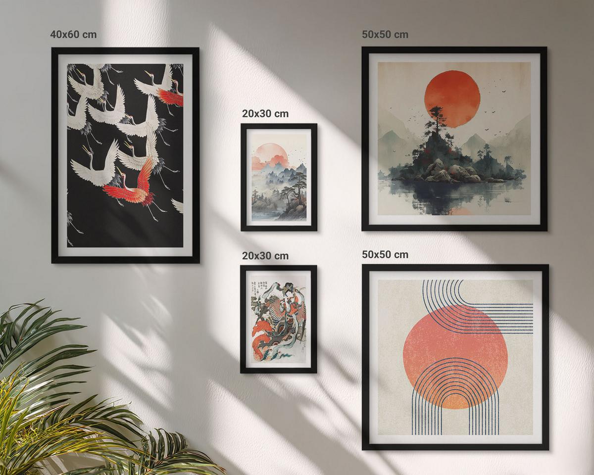BILDER SET 5er Set - 50x50 cm & 20x30 cm & 40x60 cm Schwarzer Rahmen - Asiatische Landschaften Japandi - Schwarz, Kunststoff (40/60cm) - TULUP