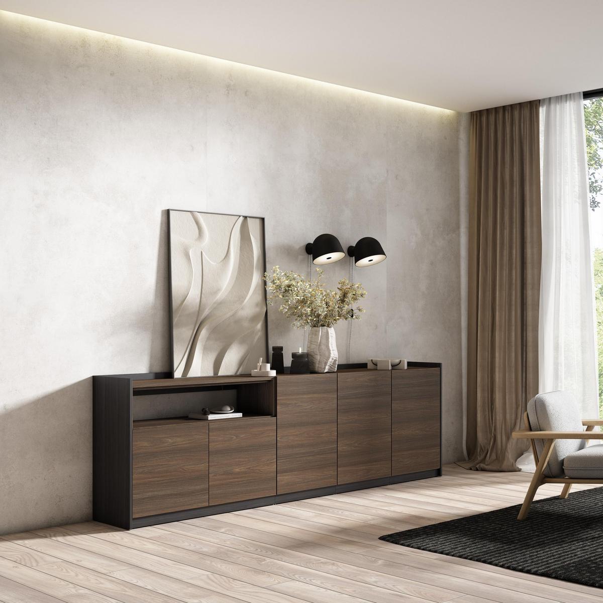 SIDEBOARD, Highboard, Dunkler Eiche und Schwarz, 260/37/80cm - Hellbraun, Holzwerkstoff (260/80/37cm) - Skraut Home