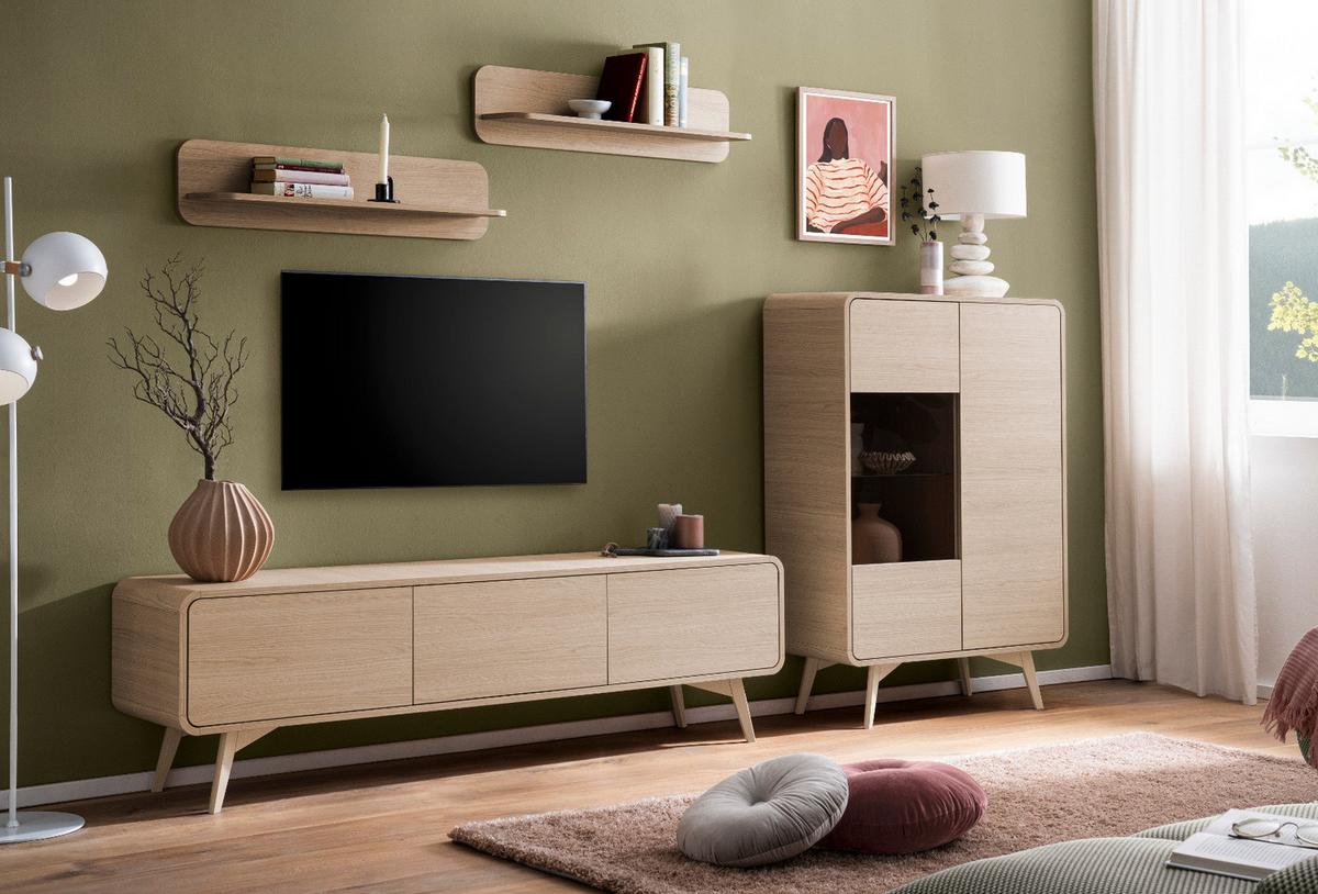 WOHNWAND Eiche natur 4-teilig 290 cm, Anbauwand mit Push-to-Open - Eichefarben, Glas/Holz (290/170/39cm) - Furn.Design