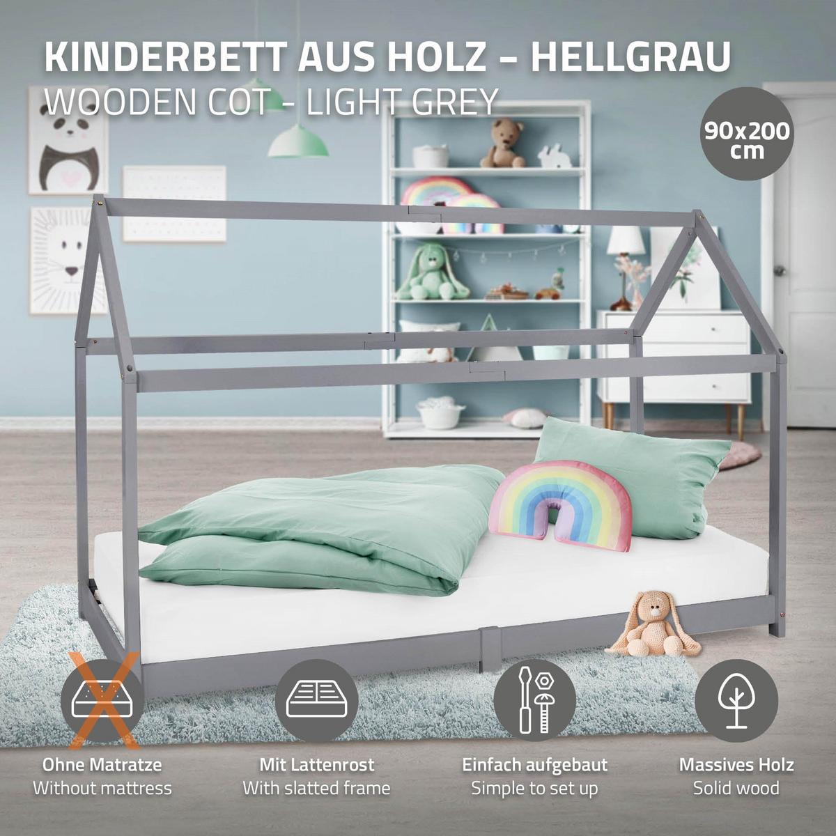 KINDERBETT mit Dach 90x200 cm Hellgrau - Hellgrau, Holz (90/200cm) - ML-DESIGN