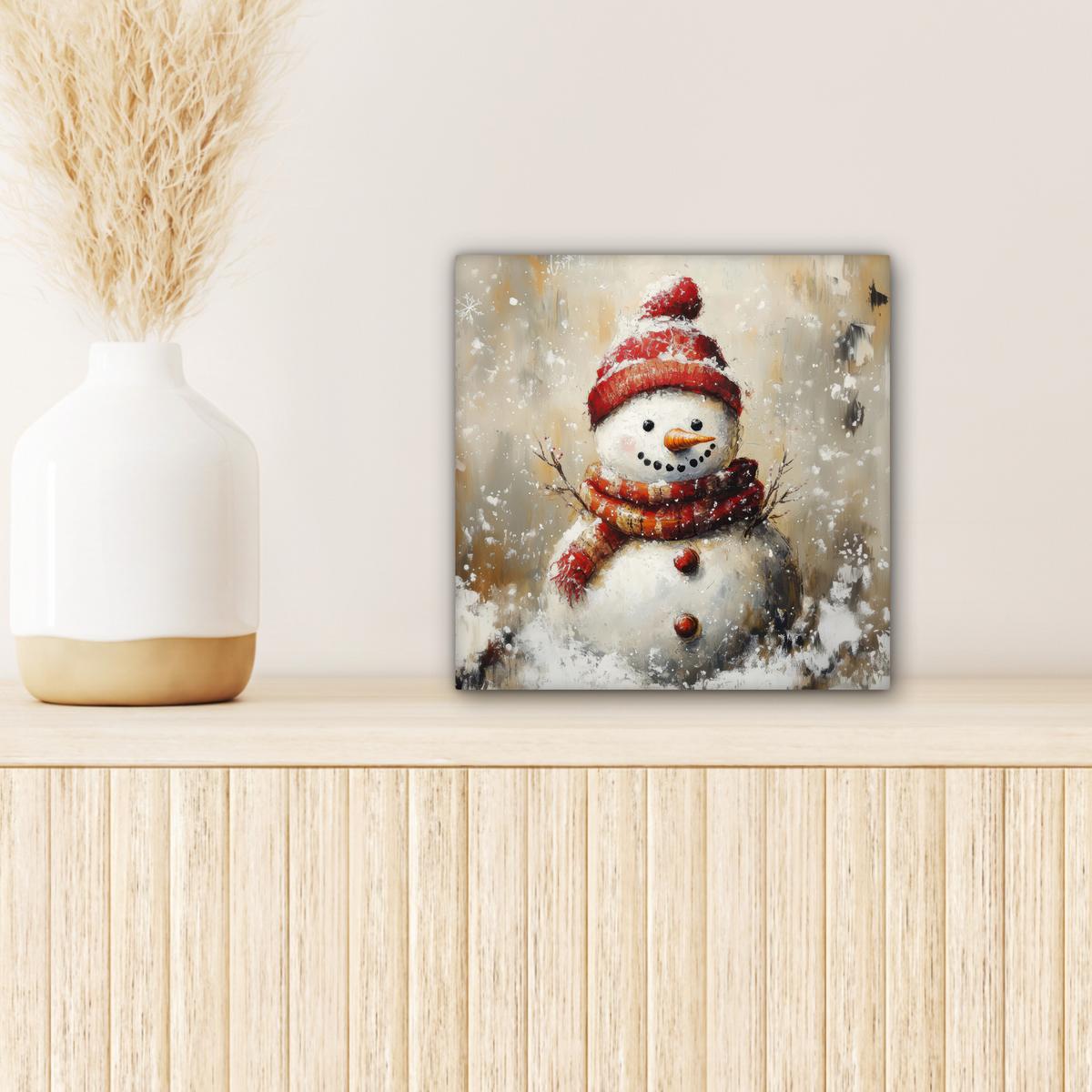 LEINWANDBILD Schneemann - Winter - Schnee - Beige Deko Wohnzimmer 20x20 cm - Weiß, Textil (20/20cm) - MuchoWow