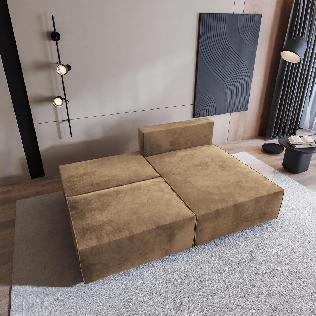 ECKSOFA FIORO M Beige Velours-Stoff mit Schlaffunktion - Beige/Grau, Holz/Kunststoff (204/148cm) - MASSENO