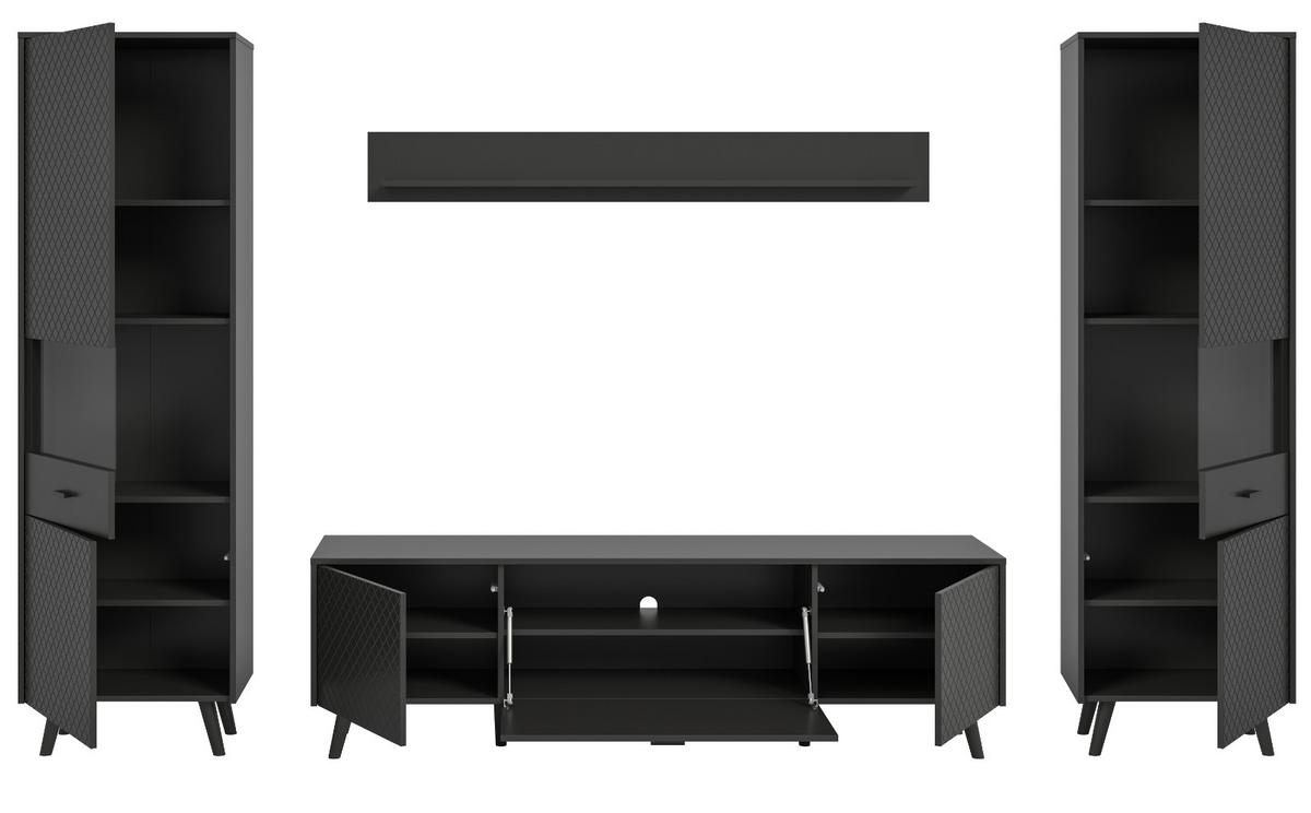 WOHNWAND grau matt 4-teilig 331 cm, Schrankwand mit Struktur - Schwarz/Grau, Glas/Holzwerkstoff (331/195/40cm) - Inn.Furn