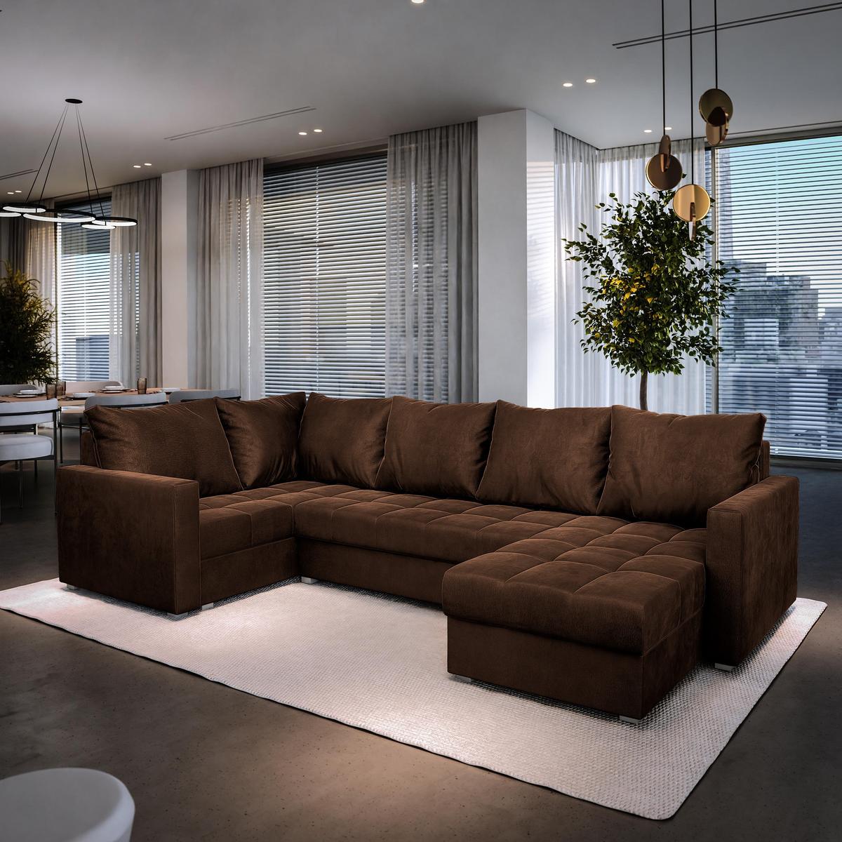 WOHNLANDSCHAFT LORIVO L-S Braun Plüsch-Stoff mit Schlaffunktion - Braun/Grau, Holz/Kunststoff (285/85/150cm) - MASSENO